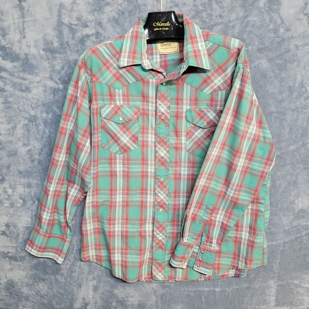 Wrangler‎ Western Shirt Plaid Turquoise Red Long Sleeve Cowboy Rodeo